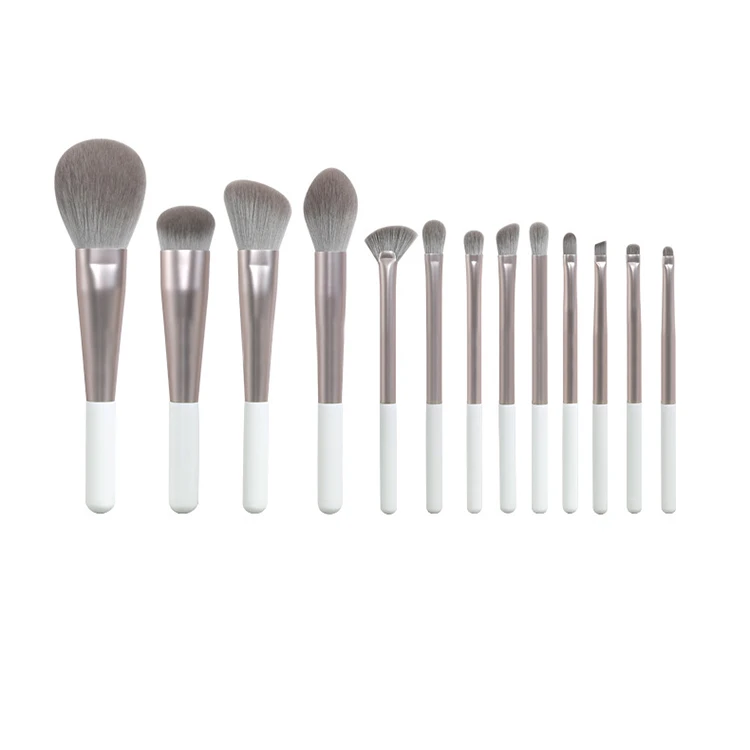 

Private Label Vegan 13pcs Long Blinged Champagne Gold Ferrules White Wood Handle Luxury Kabuki Makeup Brush