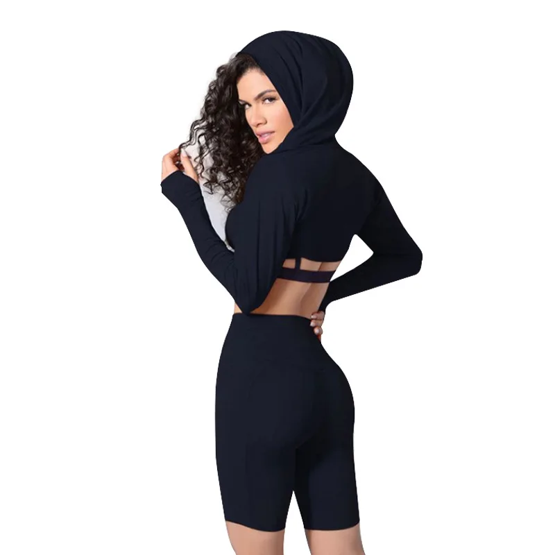 

New design women hooded plus size long sleeves fitness solid color 3 pcs Yoga set
