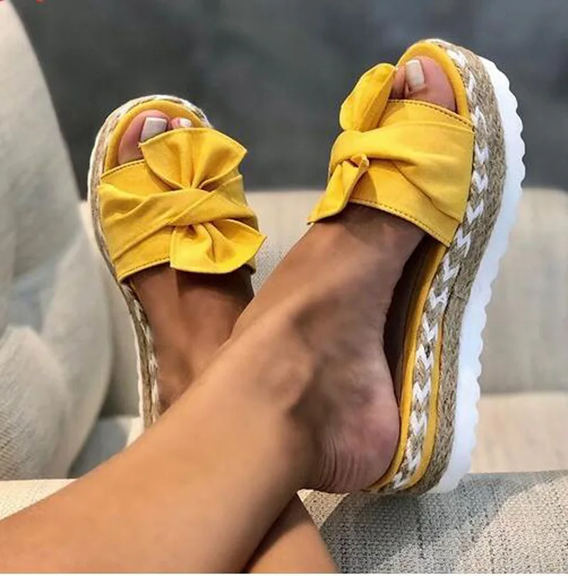 

MZ228 2021 Wedges Bow Tied Slip on Leisure Platform Summer Sandals High Heels Women Shoes Women Mules Flip Flops