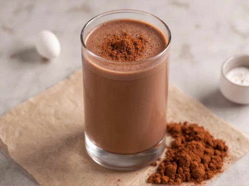 Homemade chocolate milk in glass with cocoa powder