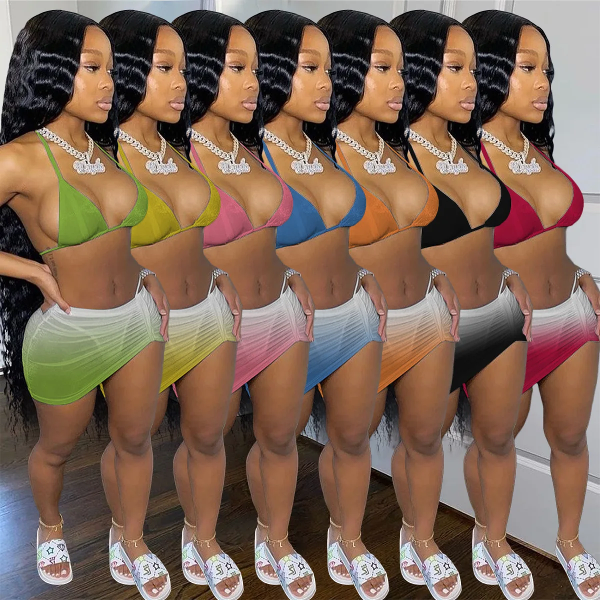 

Sexy Gradient Color Three Piece Suit Bikini Bathing Suit Women Swimsuit Women Summer 2021 New