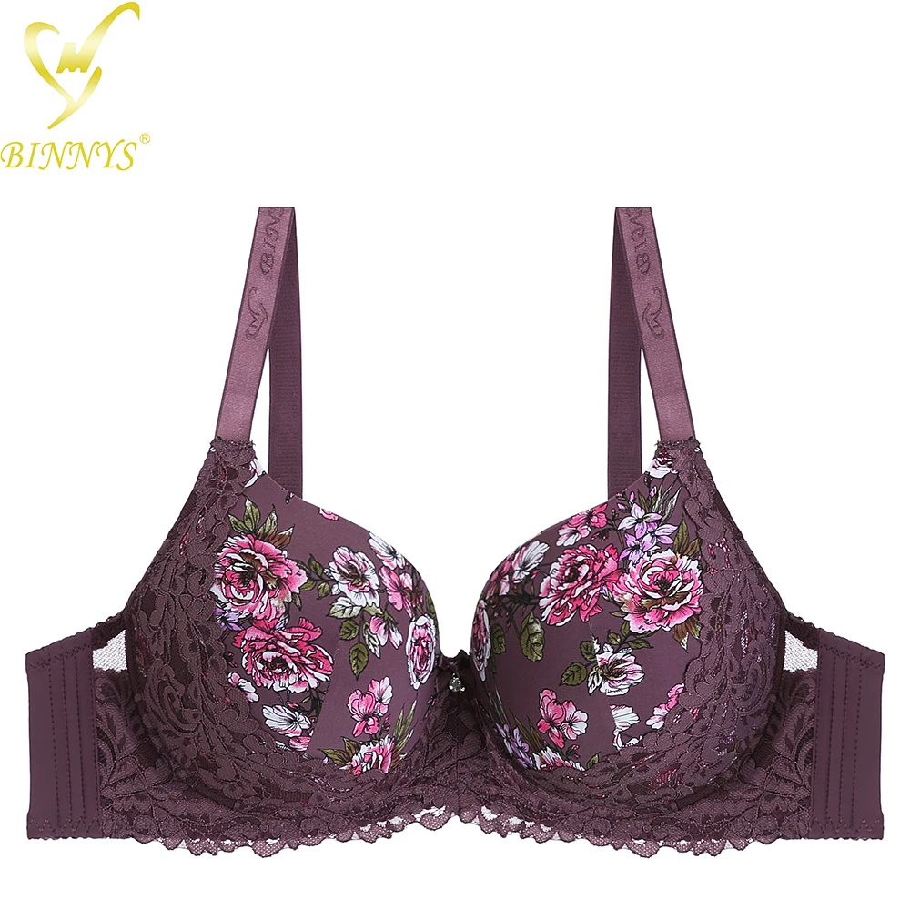 

BINNYS wholesale plus size D cup floral prined lace full cup nylon high quality underwire women bra