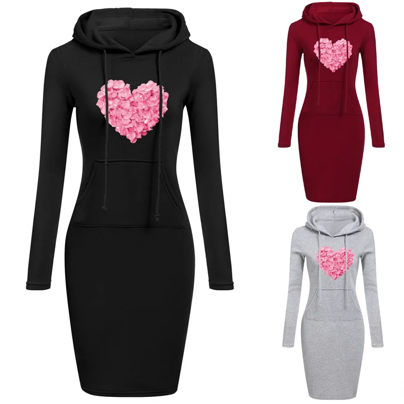 

European and American autumn and winter women's printed love long Hoodie casual sweater dress