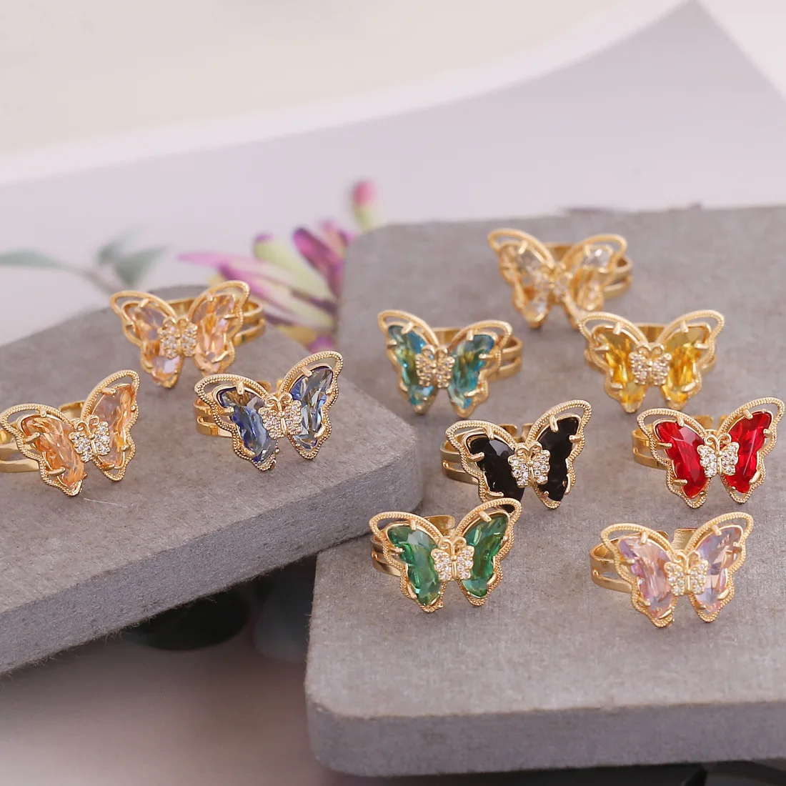 

New Arrivals Lovely Designs Girls Jewelry Copper Plated 18K Gold Colored Zircon Stone Adjustable Butterfly Ring For Womens, 10 colors