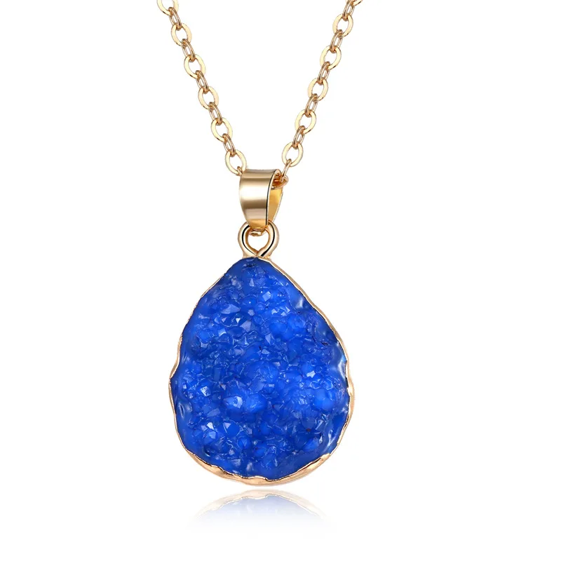 

Wholesale Gold Chain Blue Natural Stone Quartz Druzy Waterdrop Pendant Necklace Oval Druzy Necklace For Women, Picture color