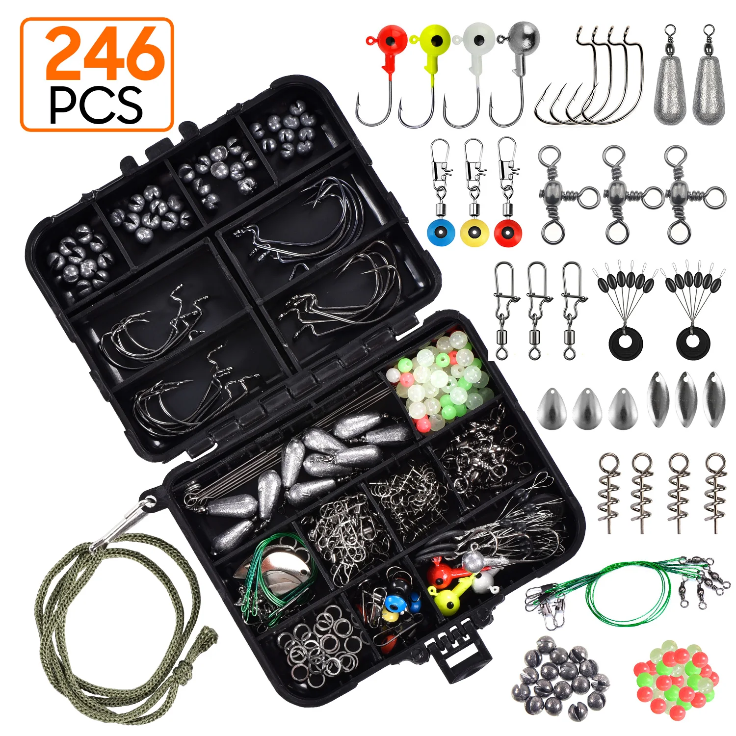 246pcs Fishing Accessories Set Jig Hooks Sinker Swivel Bead Fish