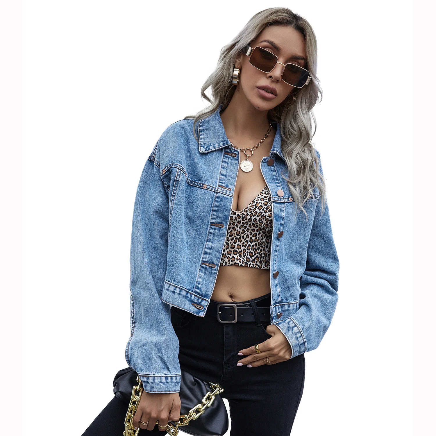 

Turn-down Collar Drop Shoulder Washed Button Up Denim Jacket Women Spring Fall Casual Outwear Female Short Jean Coats