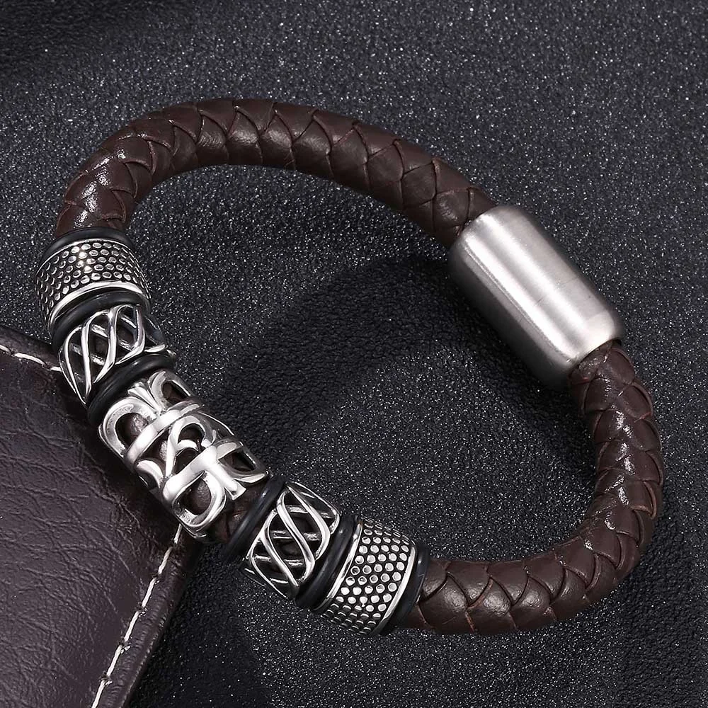 

Unique Men Jewelry Punk Brown Braided Leather Vintage Bracelet Steel Magnetic Clasps Wristband Personality Man Bracalete Gifts, Black