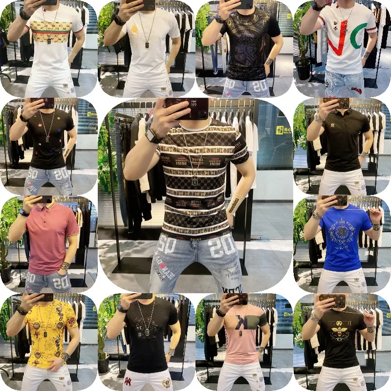 

European station cotton short sleeve T-shirt men's ironed drill trend personality print summer men's round collar half sleeve Ts, Mixed color
