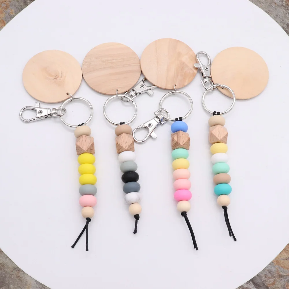 

New design silicone rainbow beads Easter key chain lanyard keychain with wood disc for DIY, Photo shows