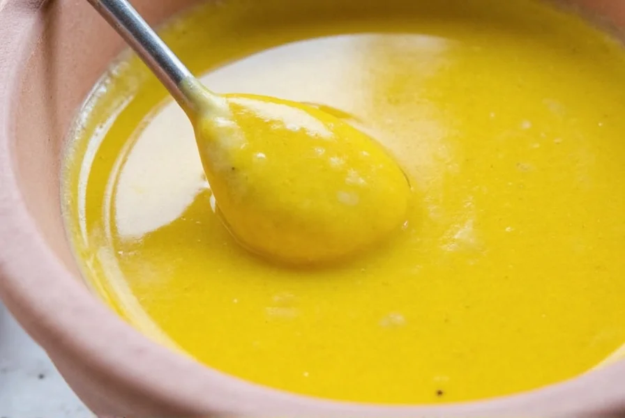 Chef preparing homemade mustard sauce in kitchen with ingredients spread on counter