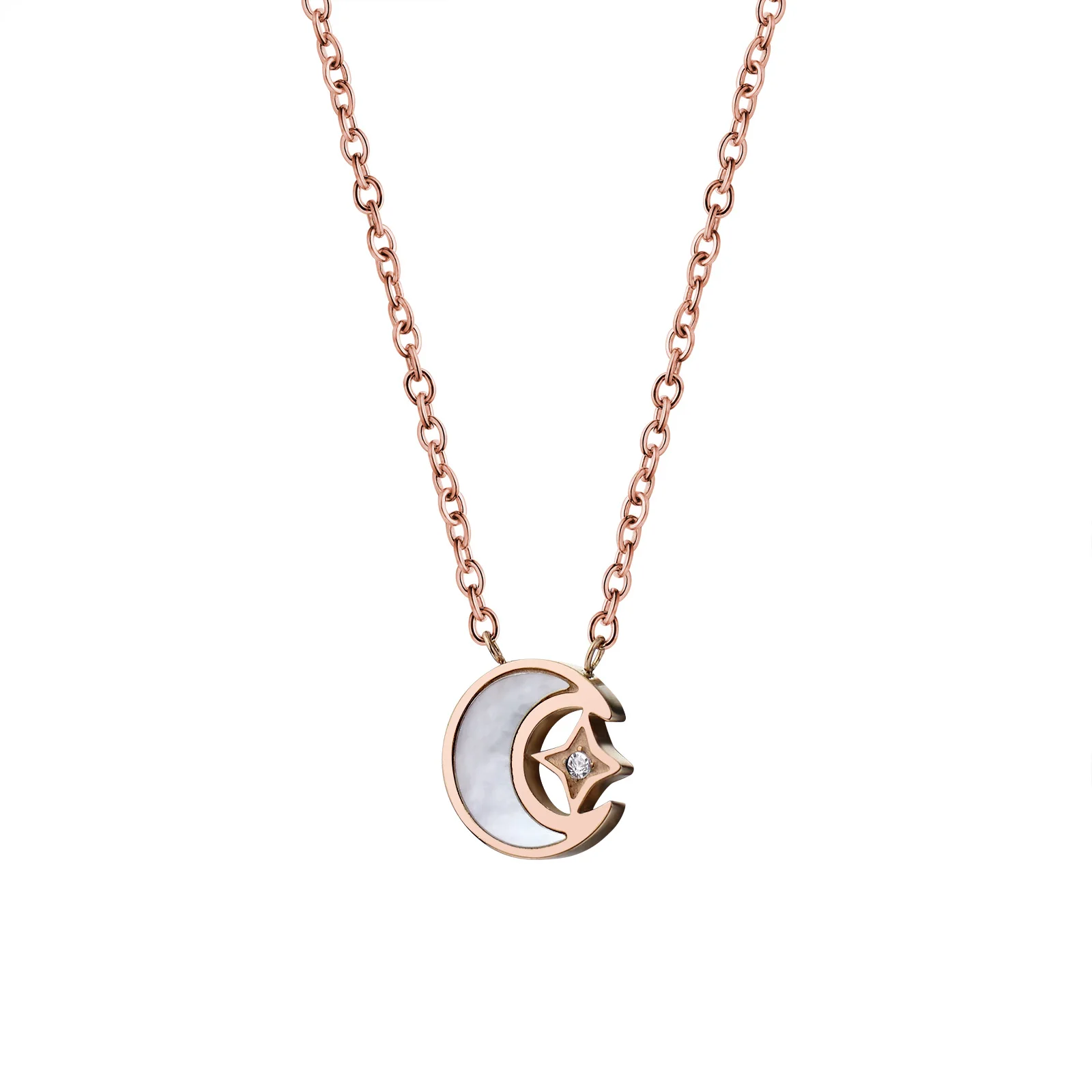 

Luxury Women White Shell Rose Gold Plated Moon Star Pendant 0.005CT Diamond Necklace, Rose gold color/custom color