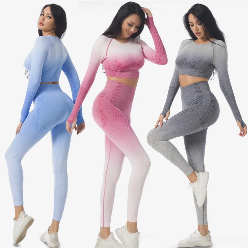 

custom logo Yoga Womens Fitness Workout sets long sleeve shirt and Leggings gym tights jogging Gradient Color nude yoga sets, Picture color