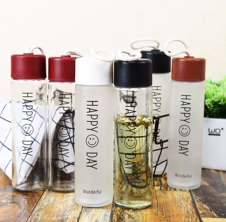 

350ml promotional portable yoga mug Frosted Glass Water Bottle with String Logo