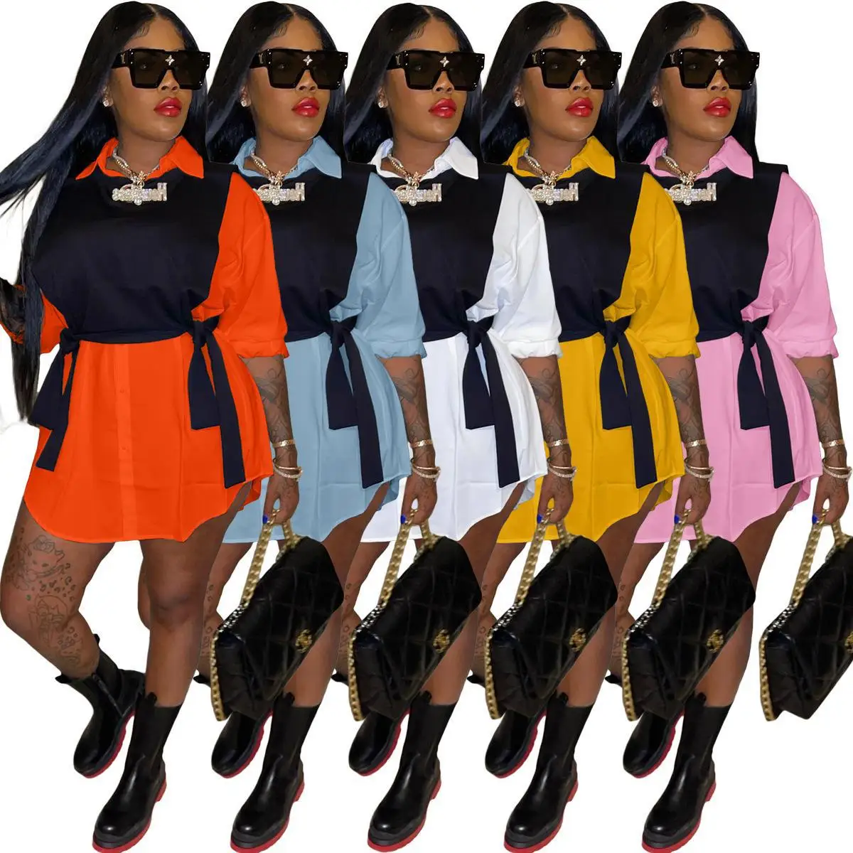 

White Long Sleeve Shirt Dresses Lace Up Crop Vest 2 Piece Outfit Spring Women Clothing 2022, Picture color