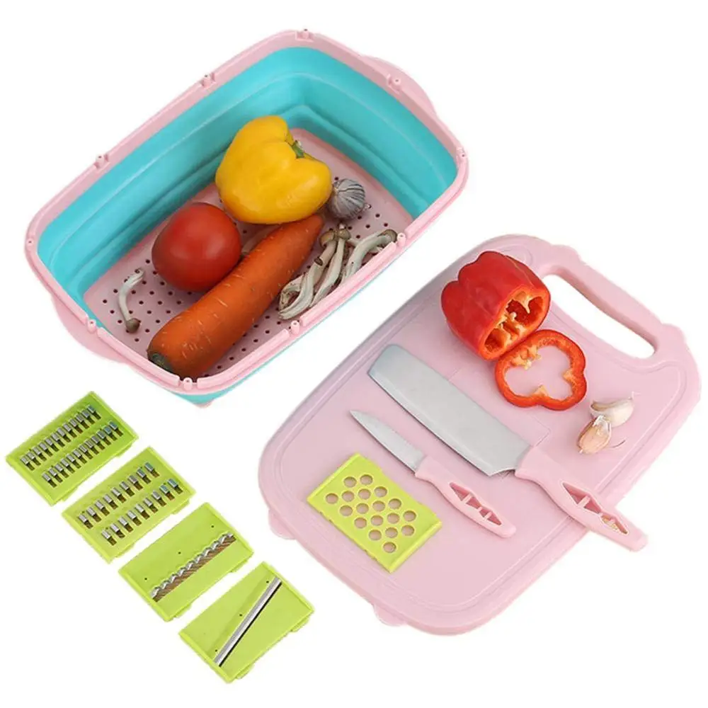 

Multifunction Portable Collapsible 9 in 1 Cutting Board With Drain Strainer Basket and Vegetable Chopper Slicer, Pink, green