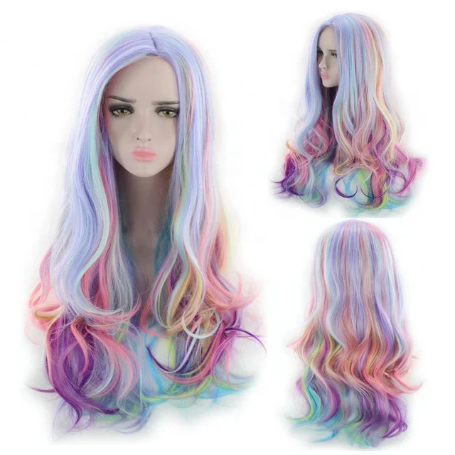 

Ladies Cos Wig Gradient Rainbow Ice Cream Cosplay Long Curly Hair, Pics