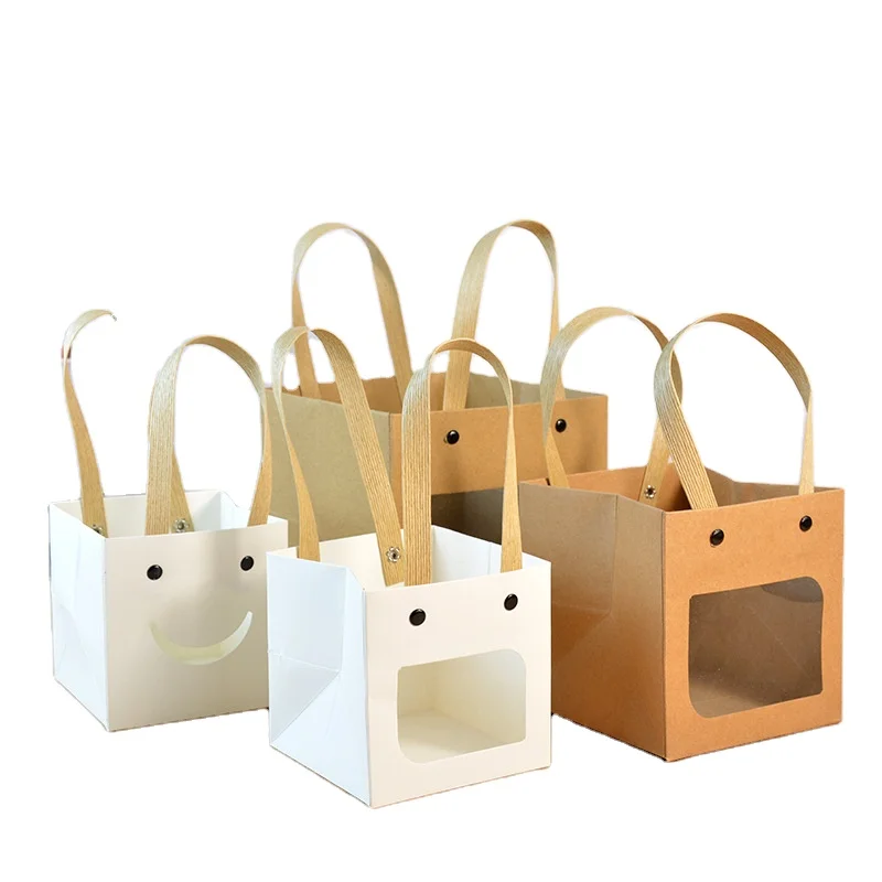 

In stock Paper mini cute smiley gift square kraft paper bag with handle