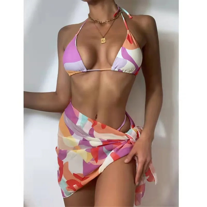 

2021 Halter bathingsuits Women Swimwear Bathing Swimsuit Female Three-pieces 3 piece pcs Bikini Swim suit sets With Skirt Bather, Picture showed