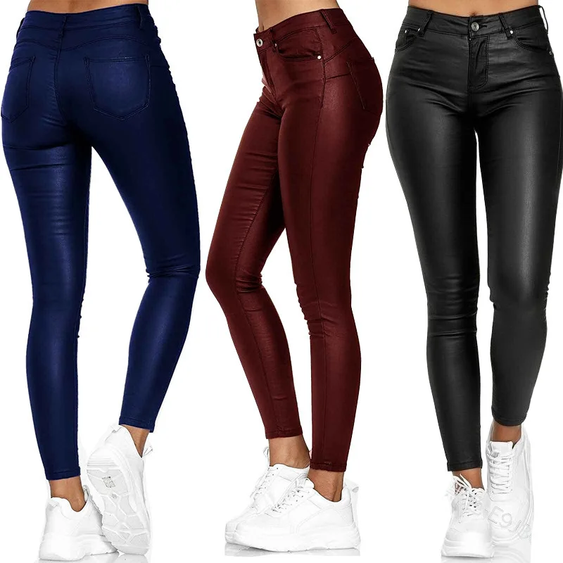 

Fall Winter Fashion Stretch Pu Leather Women's Solid Color Pants Skinny Long Trousers