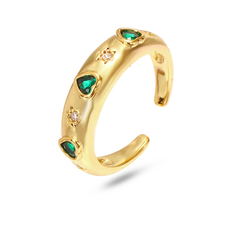 

Luxury Popular USA Summer Brass Gold Heart Emerald Open Rings 14K Gold Plated Green Crystal Heart Finger Rings For Daughter