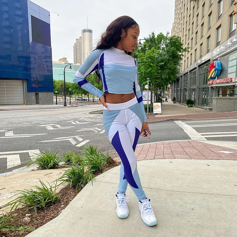 

2021 new arrivals Skinny Patchwork Long Sleeve Top Outfits Jogger Two Piece Pants Set, Picture color