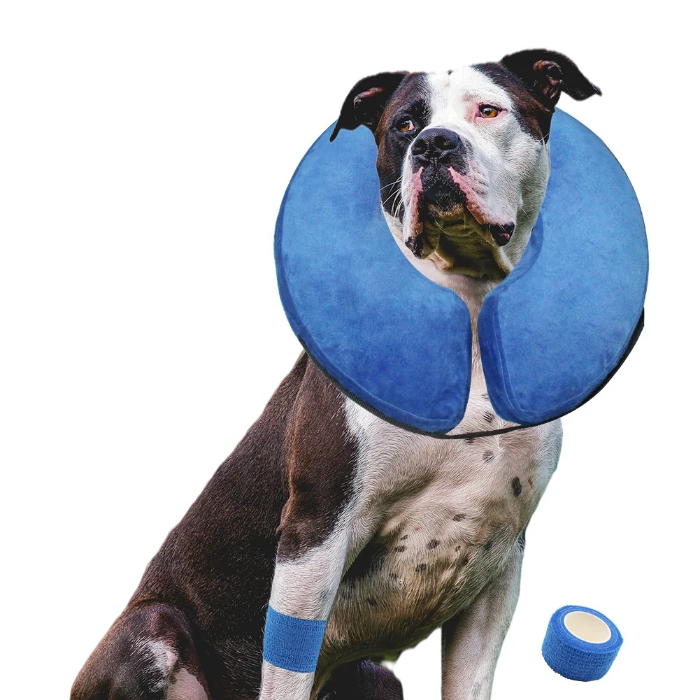 

Inflatable Dog Cone Collar Soft Pet Protective Recovery Cone Collar for After Surgery and Self Adhering Bandage Wrap Kit, Blue