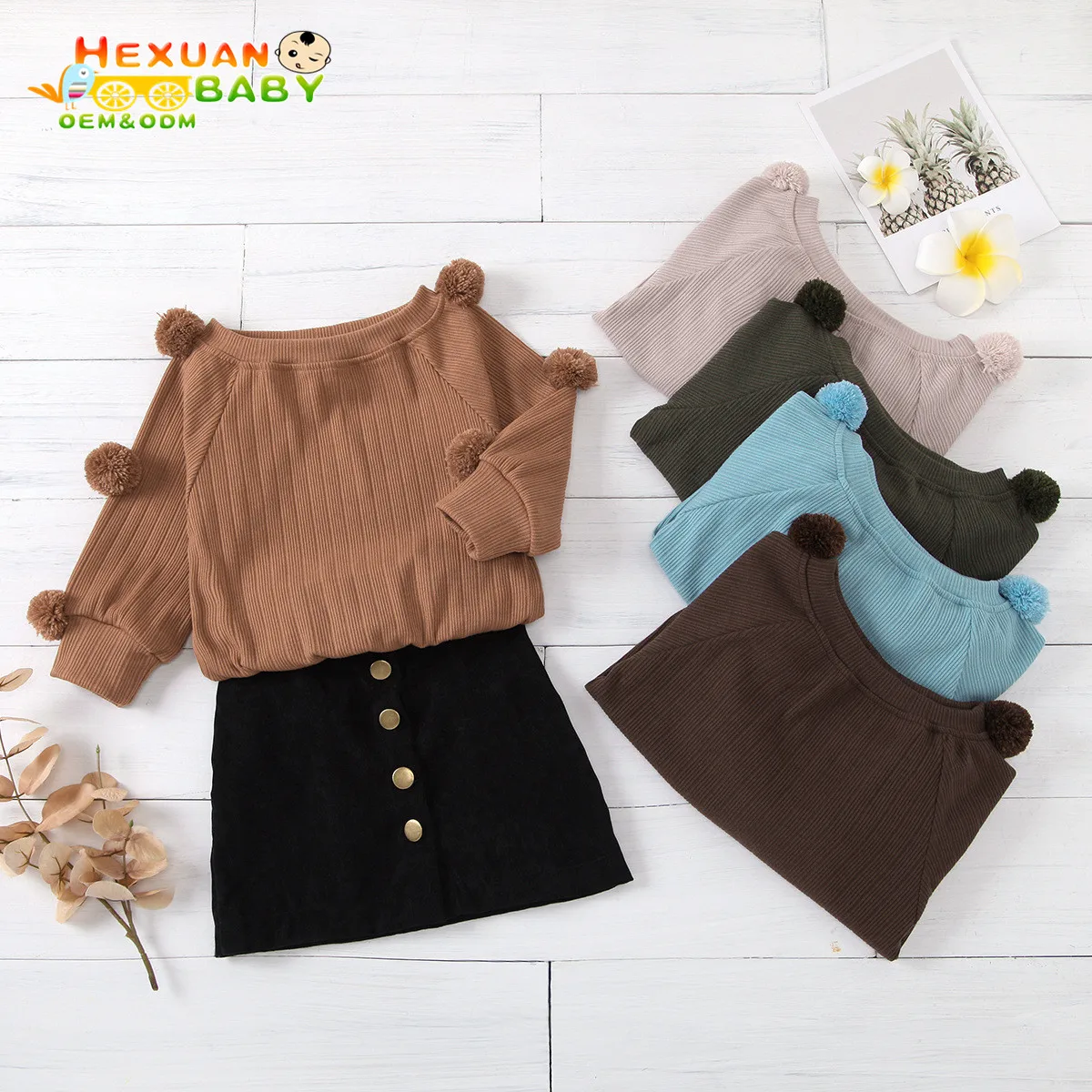 

1-6Y Autumn Toddler Baby Kids Girls Clothes Set Long Sleeve Hairball Knit Tops Sweater+Button Mini Skirt Warm Outfits Sets, Picture shows