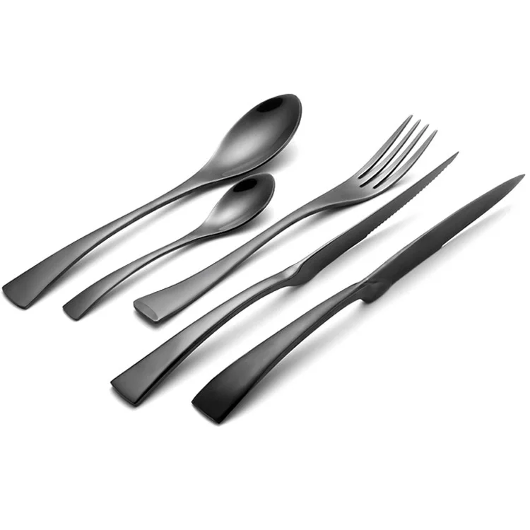 

Amazon Hot Sale Sliverware Restaurant Kitchen Steak Fork Knife Spoon 5Pcs Black Bulk Cutlery Set Stainless Steel Flatware Set, Customized