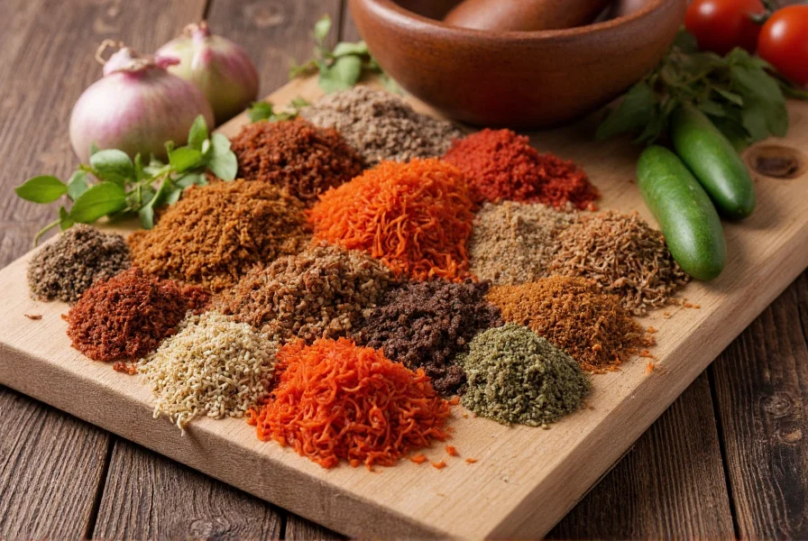 Homemade chili crisp ingredients arranged neatly on wooden table with mortar and pestle