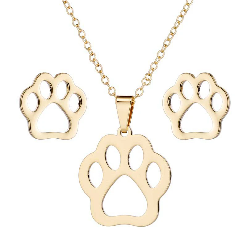 Fashion Non Tarnish 18K Gold Silver Plated Charm Cat Dog Paw Necklace Earring Jewelry Set For Women Ladies