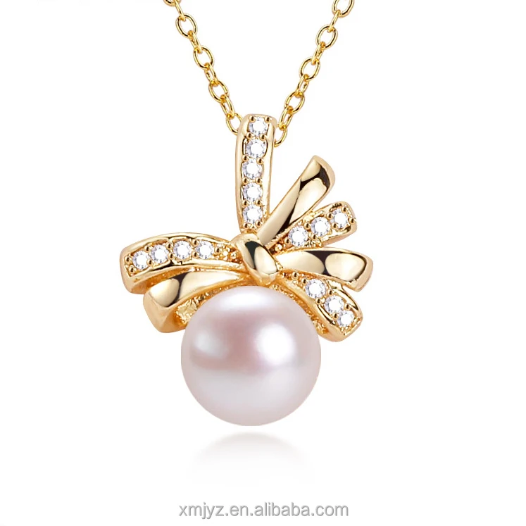 

Certified Zhuji Mountain Lake Natural Freshwater Pearl Pendant Bow Choker 18K Gilded Super Strong Color