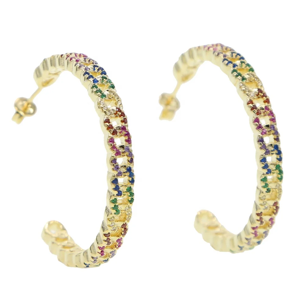 

2021 gorgeous Rock hiphop women fashion rainbow jewelry Miami cuban link chain big 38mm women CZ hoop earring