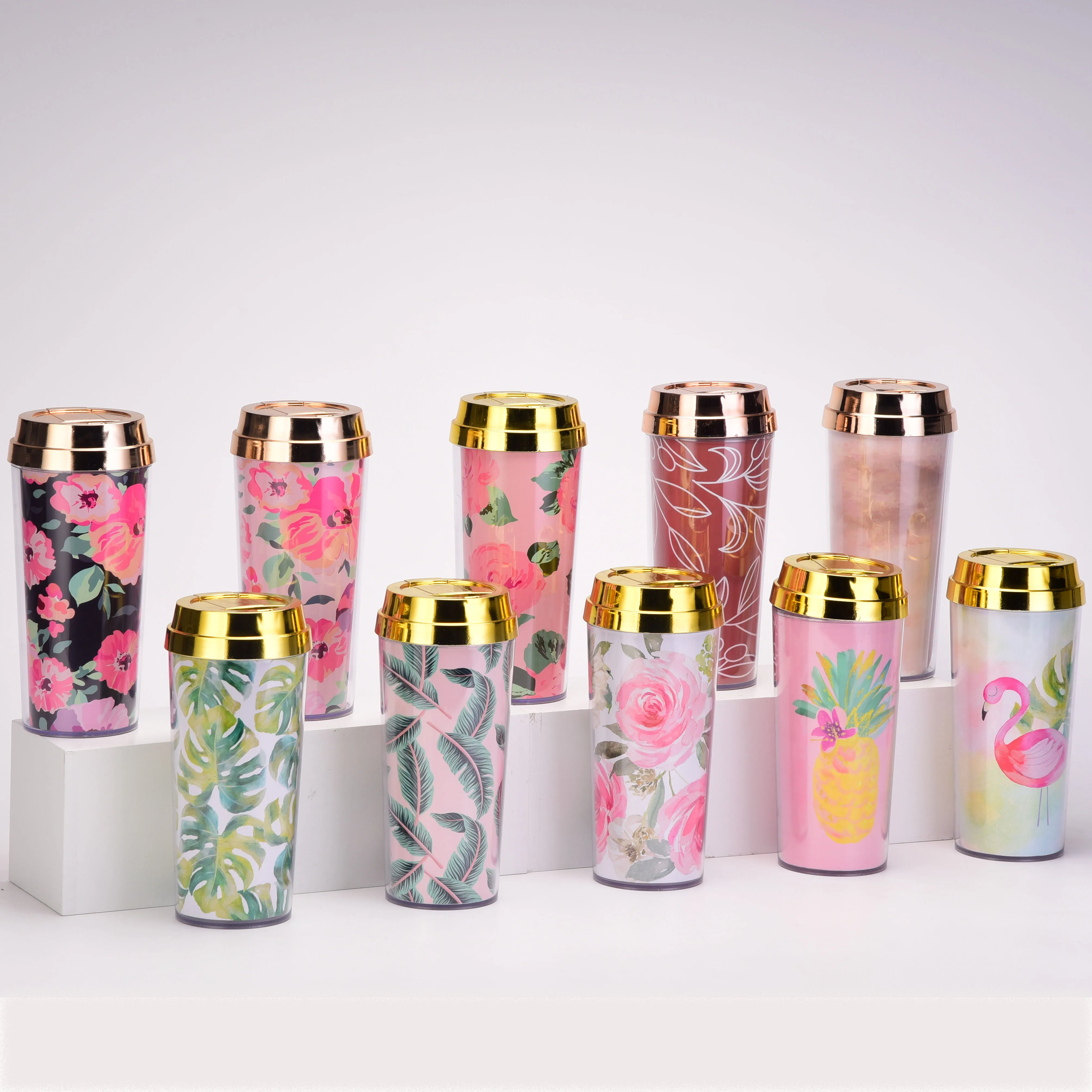 

BPA Free Mother's day Travel Mug Double Walled Floral Design Paper Insert Water Bottle with Gold Lid Coffee Tumbler