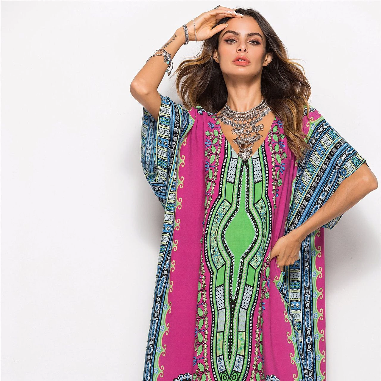 

Spring and summer hot sale South American style loose large size casual cotton printed bat sleeve large swing robe dashiki shirt, 7 colors