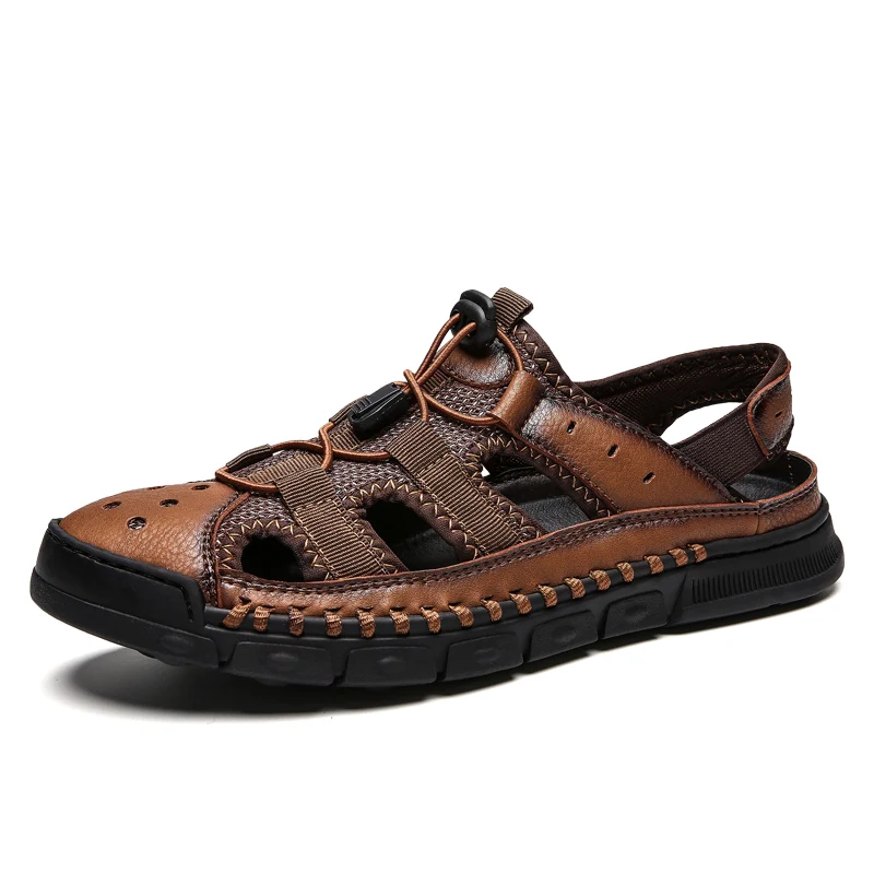 

Summer Split Leather Men Sandals Hand-made Beach Sandals Lace-up Protective Outdoor Sandals