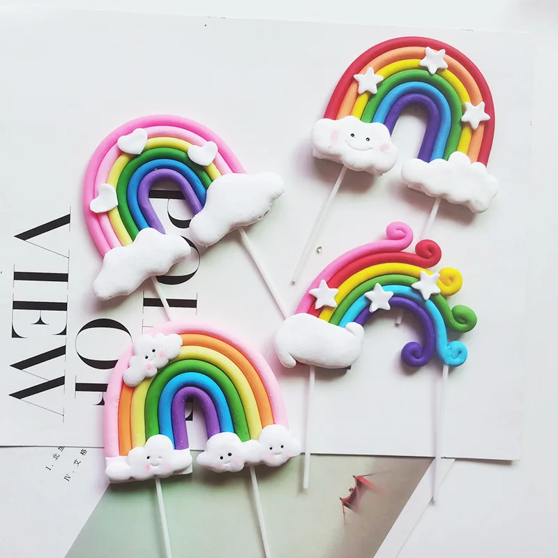 

New Arrival Polymer Clay Cake Topper Rainbow Cloud Happy Birthday Wedding Party Kid's Baking Cake Topper