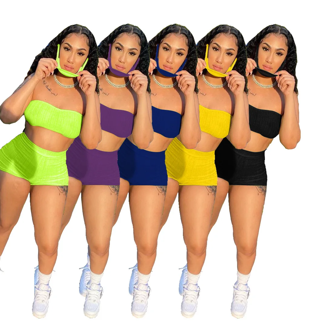 

10401-MX77 summer women clothing solid color tube 2 pieces set shorts sehe fashion