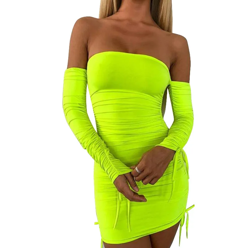 

Plus Size Sexy Pleated Drawstring Women Neon Color Bodycon Dress