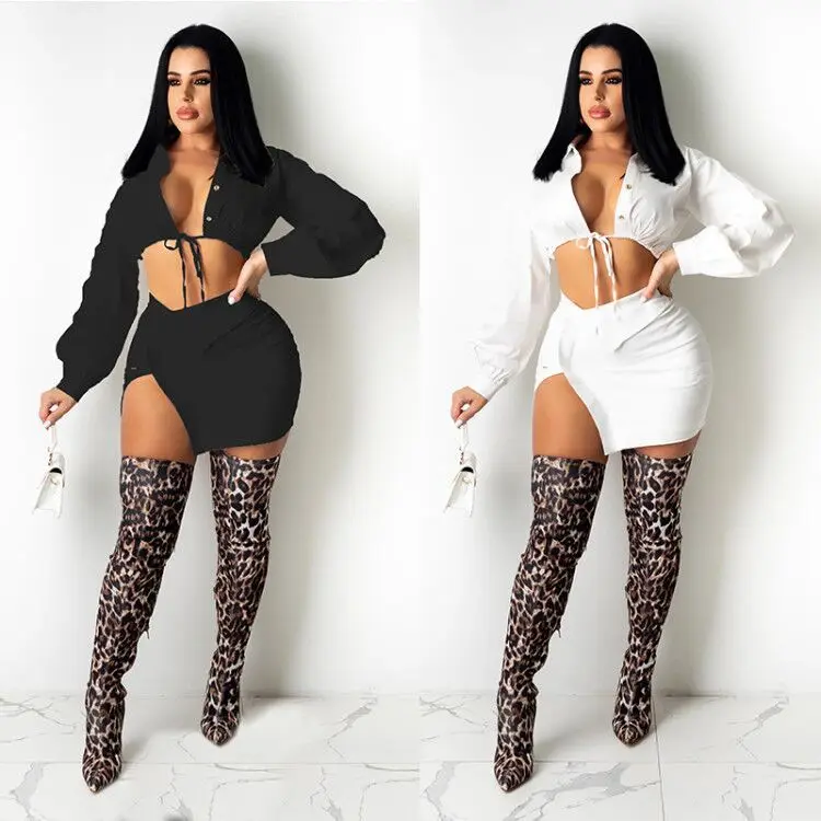

Chic Solid Color Long Flare Sleeve 2 Pc Mini Skirts Sets Ladies Two Piece Short Skirt And Blouse Set, White,black