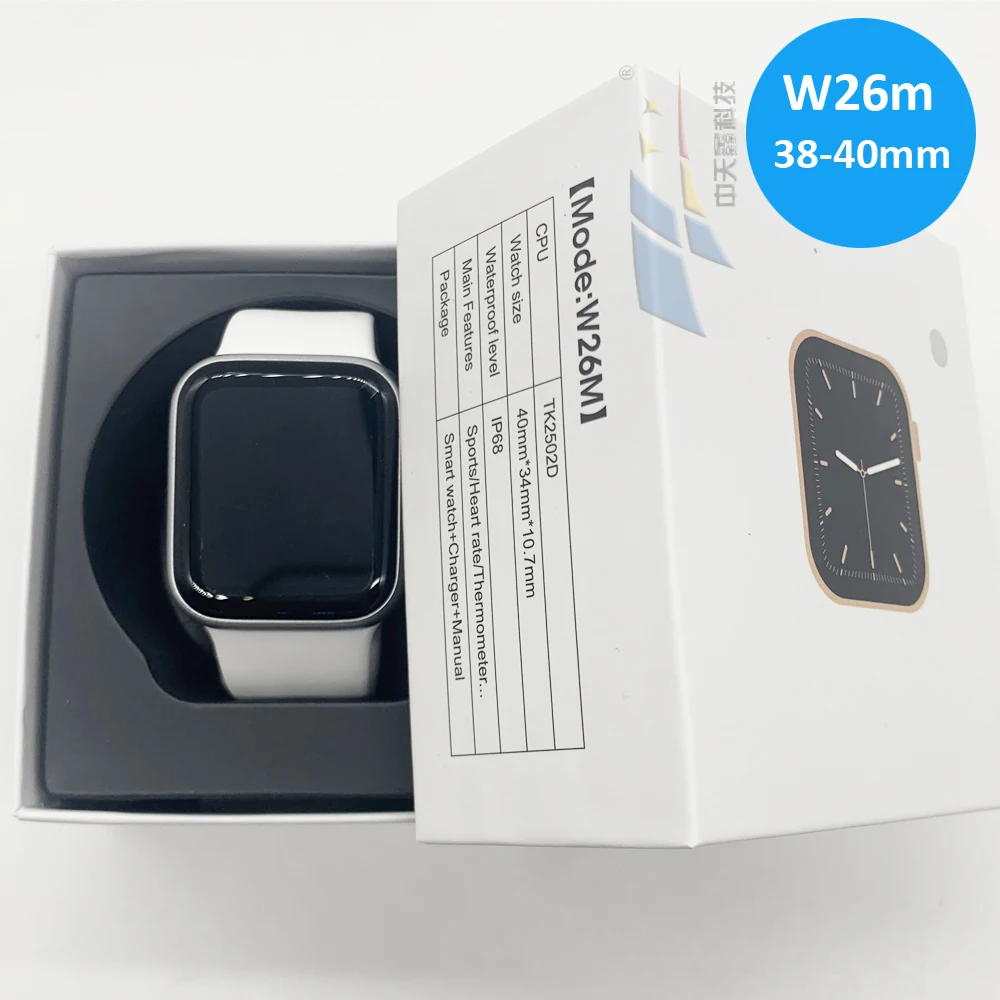 

2021 New smart watch W26m IP68 waterproof Heart Rate Tracker reloj ECG monitor smart watch w26 body temperature w26 serie 6, Black/silver/rose gold