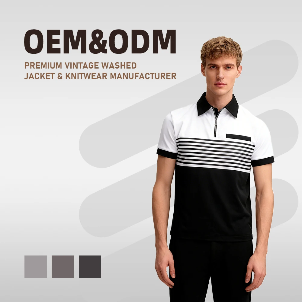 Custom Men's Casual Stripe Shirt Plus Size 100% Polyester Anti-Wrinkle Knitted Business Style Chest Pocket Lapel Zipper T-shirt