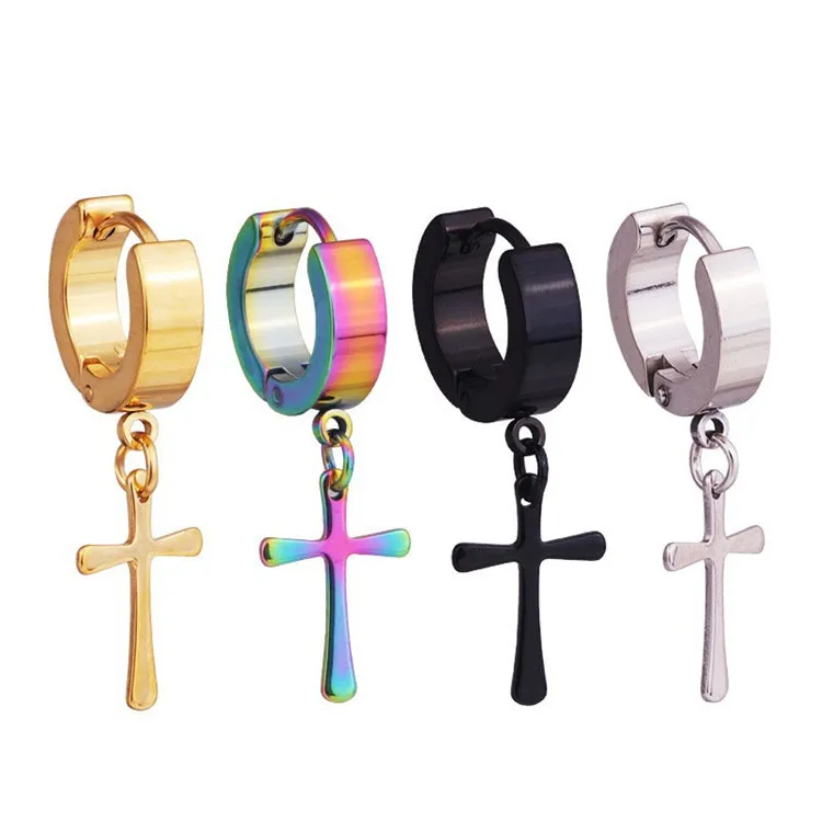 

Personalized Punk Men Ear Jewelry Stainless Steel Small Hoop Cross Drop Earrings for Women 1pcs, Silver,gold,black,blue,colorful