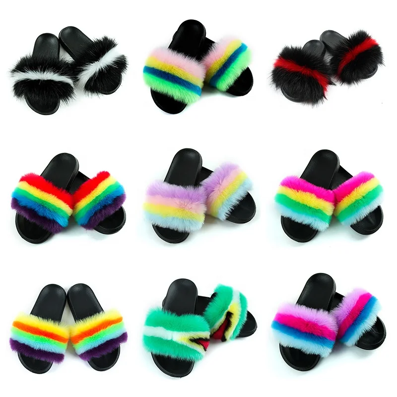 

china factory wholesale cheap womens slippers fuzzy fluffy ladies fox fur slides slippers sandals, 40 color options