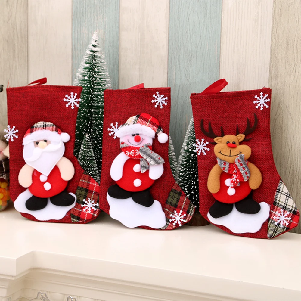 

Newbility 2021 santa claus deer polar bear red linen christmas socks gift bag