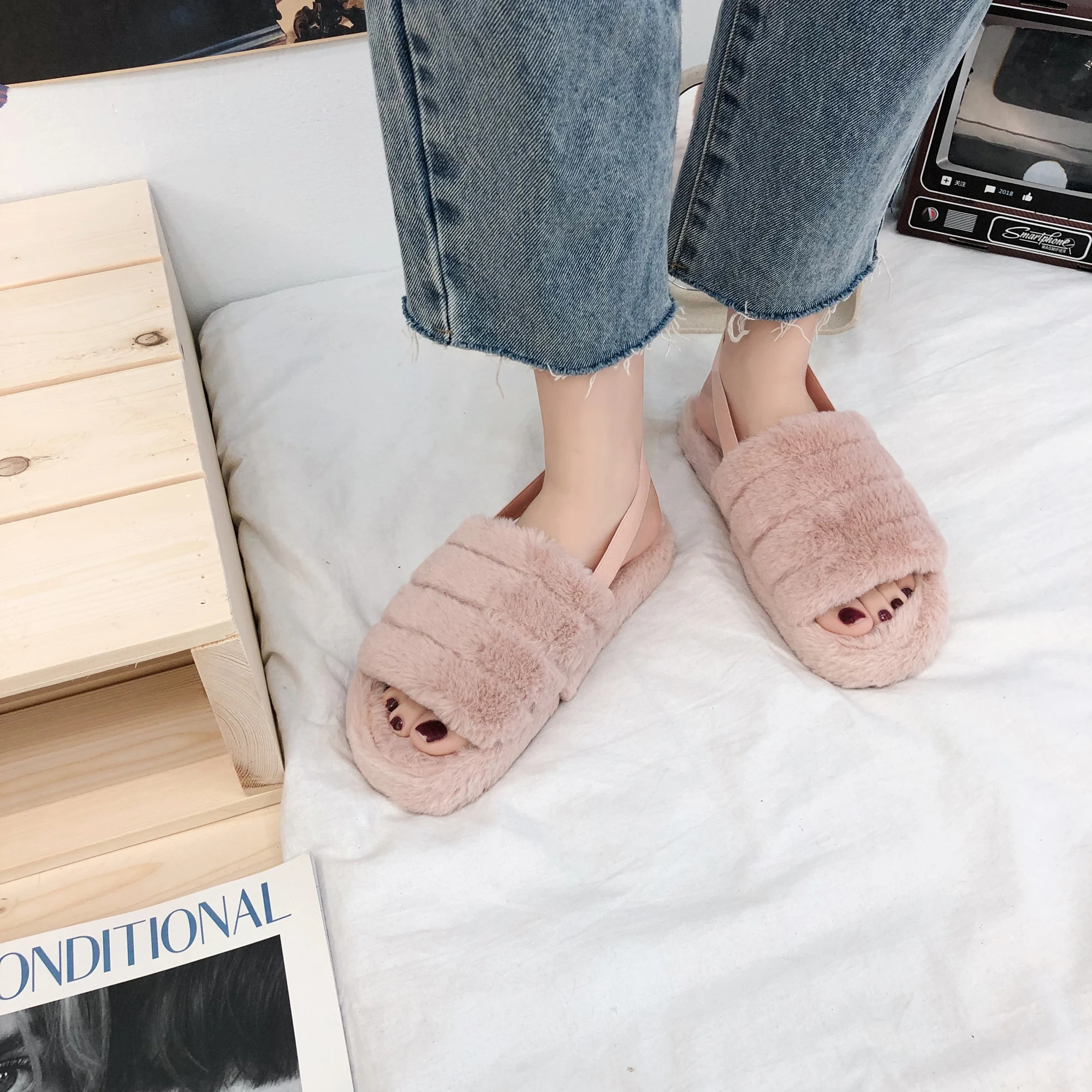 

Fashion Winter Fur Sandals Fluffy For Women fashion women shoes soft faux rex rabbit fur slippers, As picture