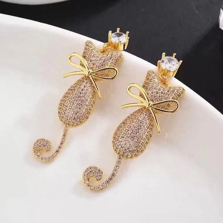 

Wholesale customize New design Cappa fashion copper Luxurious brass zircon silver needle cat earrings