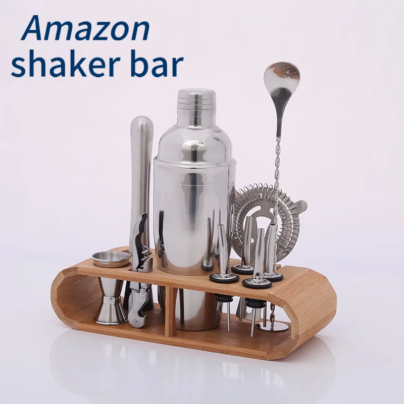 

Wooden Stand Stainless Steel Tools Bartender Kit Cocktail Shaker 304 Stainless Steel 750ml Bar Accessories Cocktail Shaker Set, Accept customize