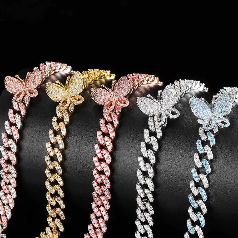 

Colorful CZ Baguette Butterfly Anklet 9mm Iced Out Miami Cuban Link Chain Women Hiphop Jewelry, Silver,gold,,blue,pink,rose