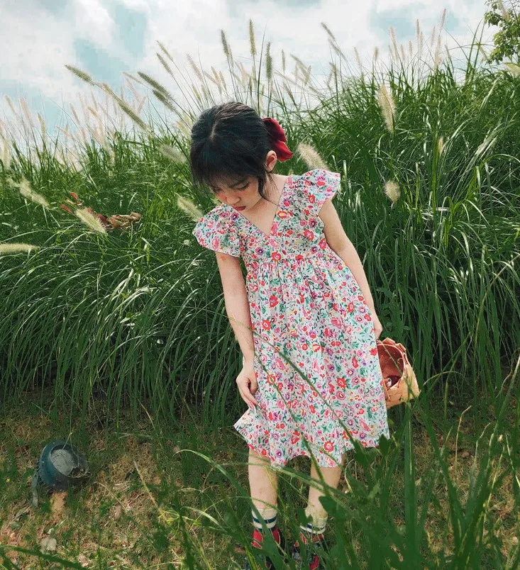 

2021Summer Wears Kids Clothing Sweet Ruffled Floral V-neck Flower Girls' Dresses Baby Girl Dresses For 3-8Y